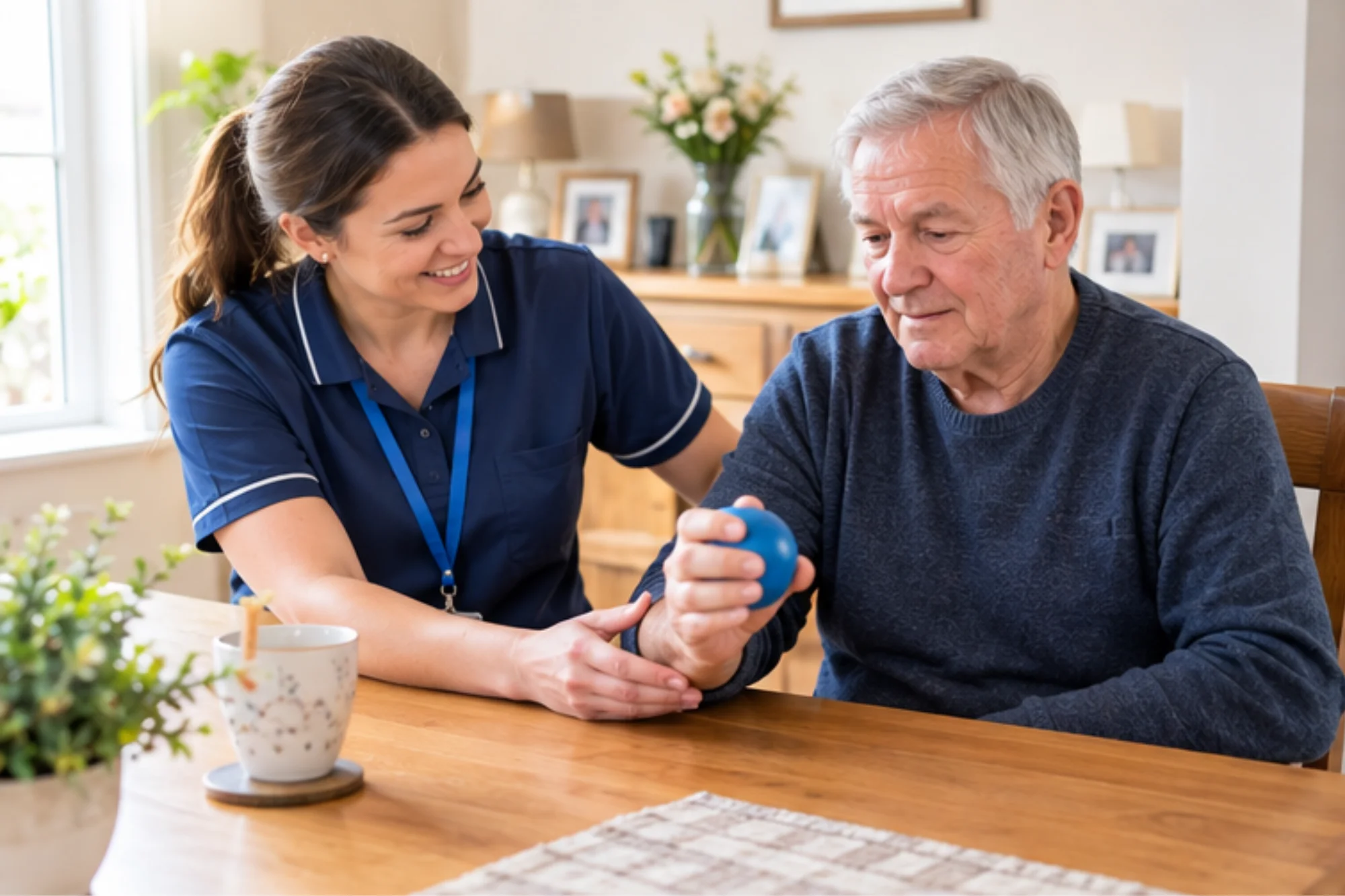 Neurological physiotherapy being delivered in a patient's home