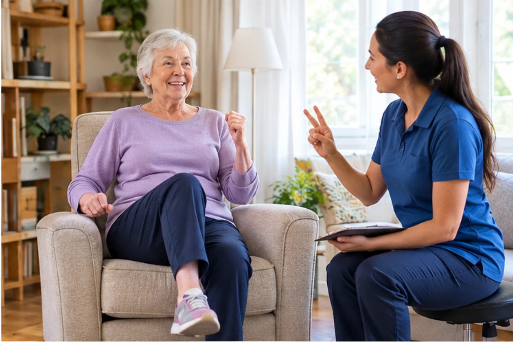 Physiotherapist supporting an older adult with a balance exercise at home