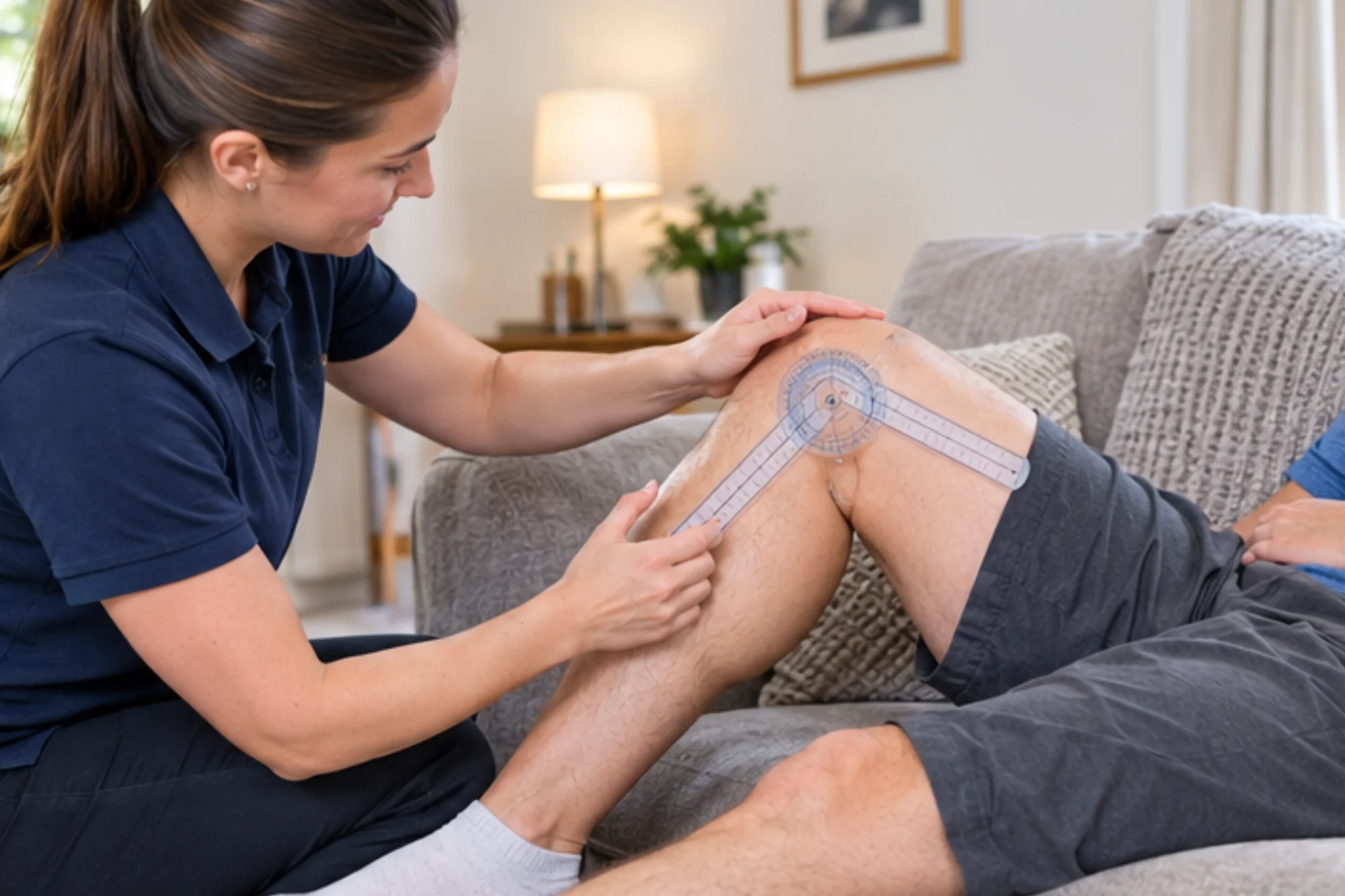 Physiotherapist assessing an athlete's knee movement during a sports injury consultation