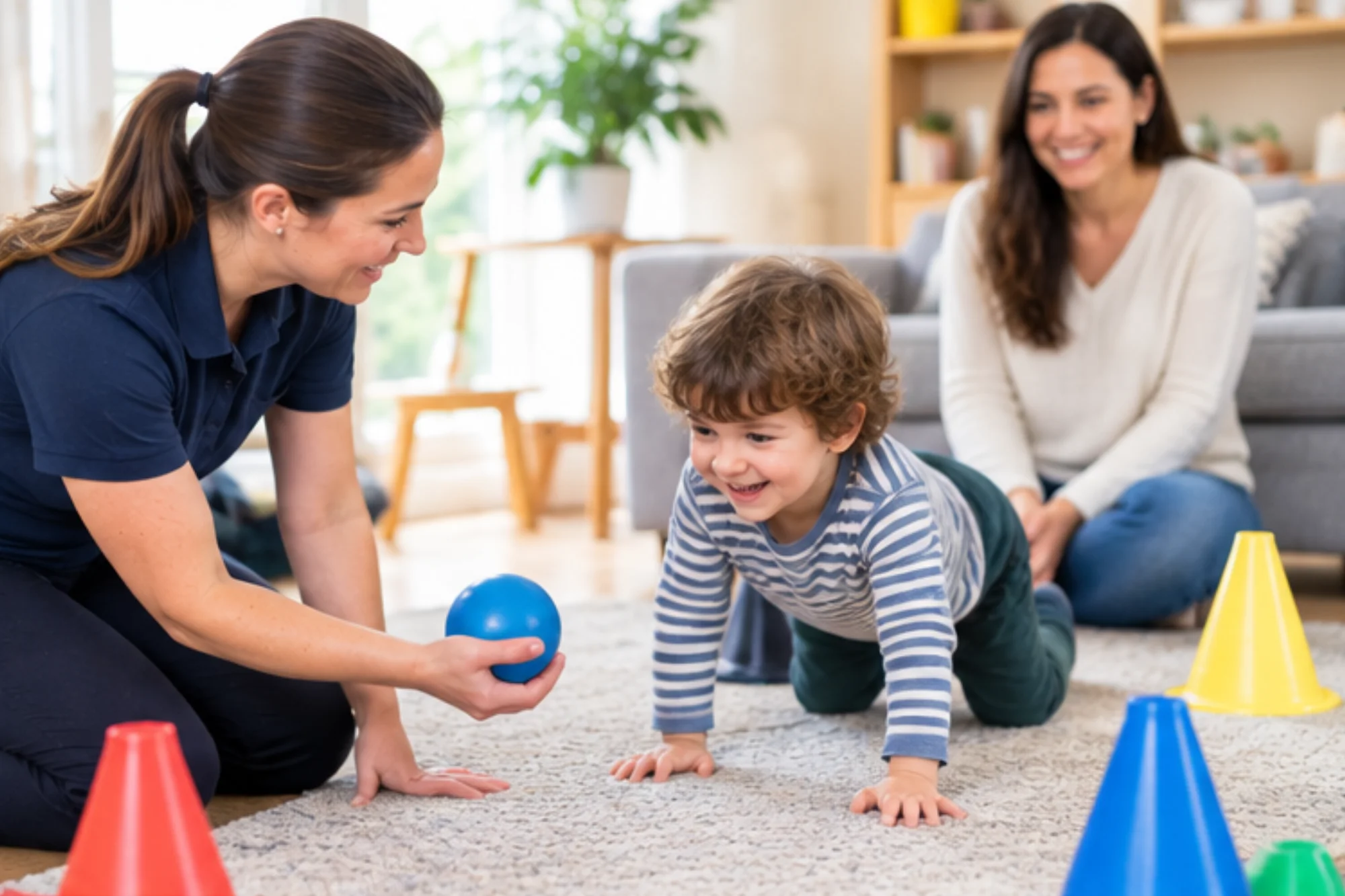 Physiotherapist helping a child with a movement and coordination exercise at home
