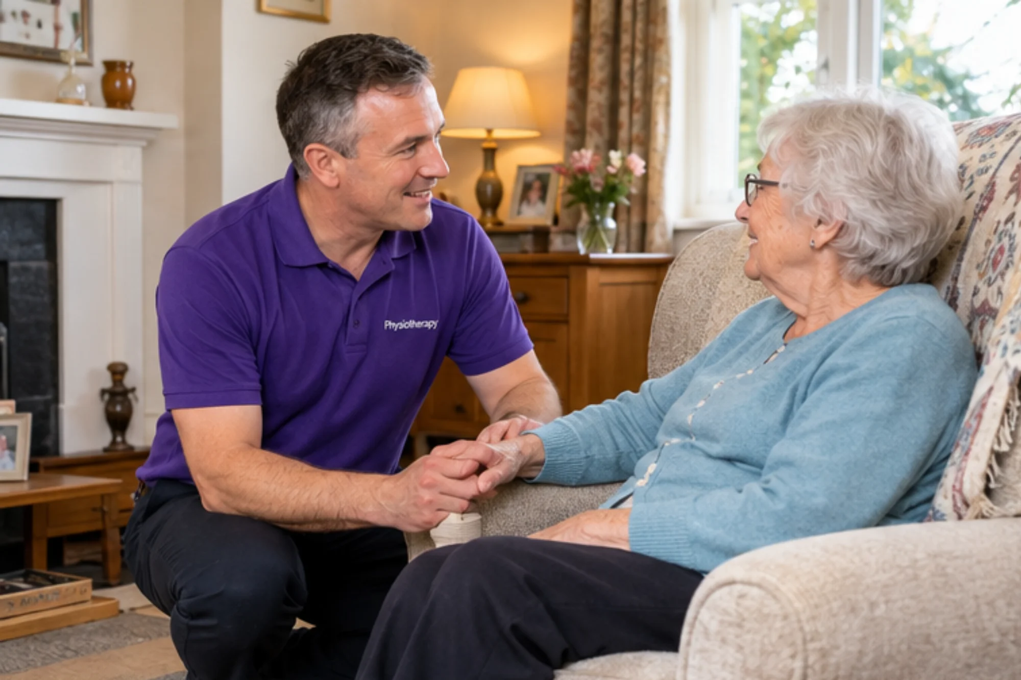Physiotherapist working with a care home resident on seated exercises