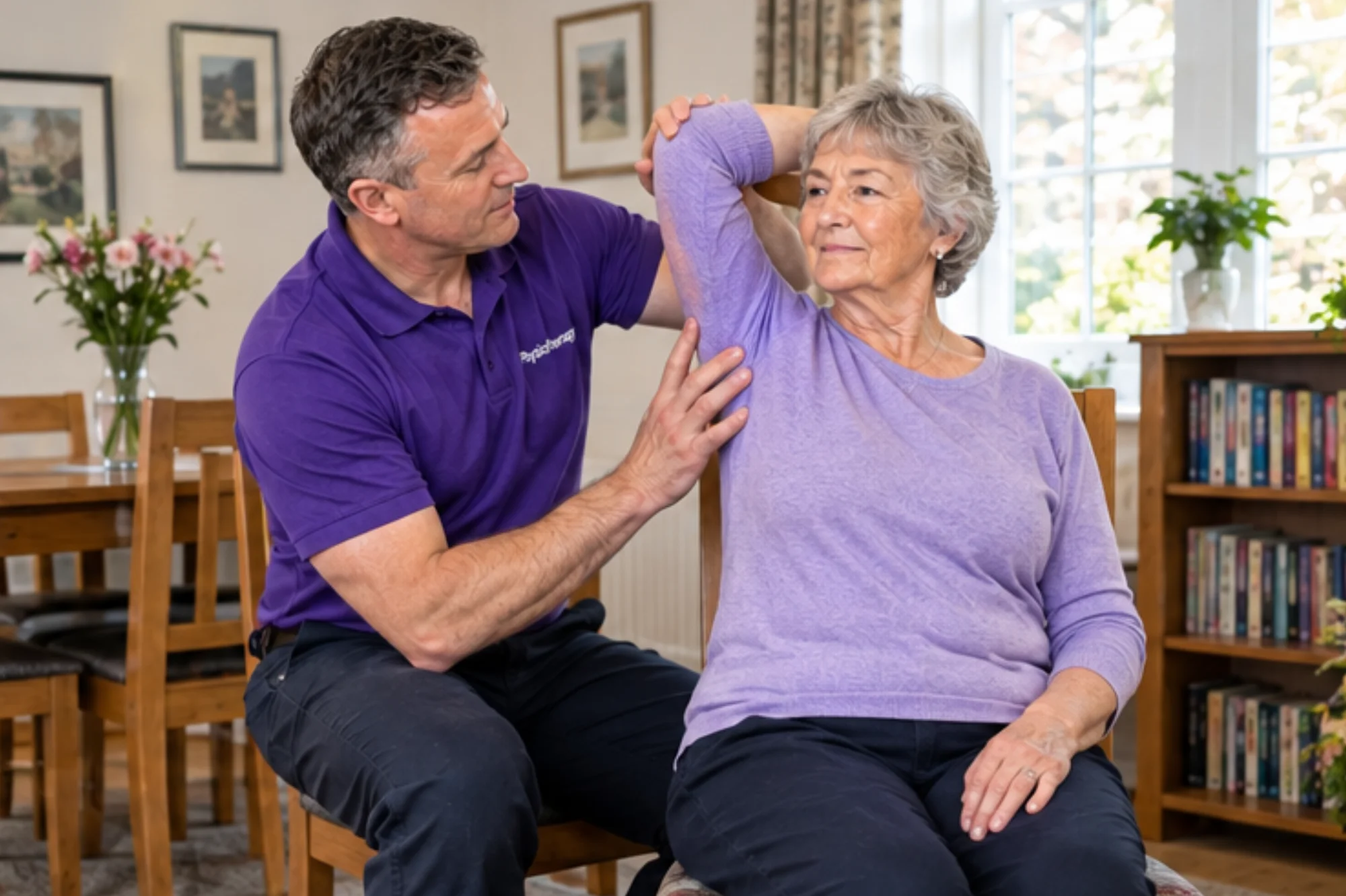 Physiotherapist assessing a patient's shoulder and joint movement at home